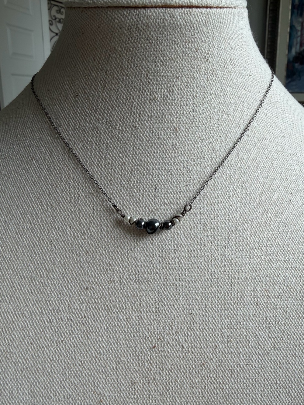 Vintage 90’s Hematite & Pearl beaded Hand-wrapped Necklace